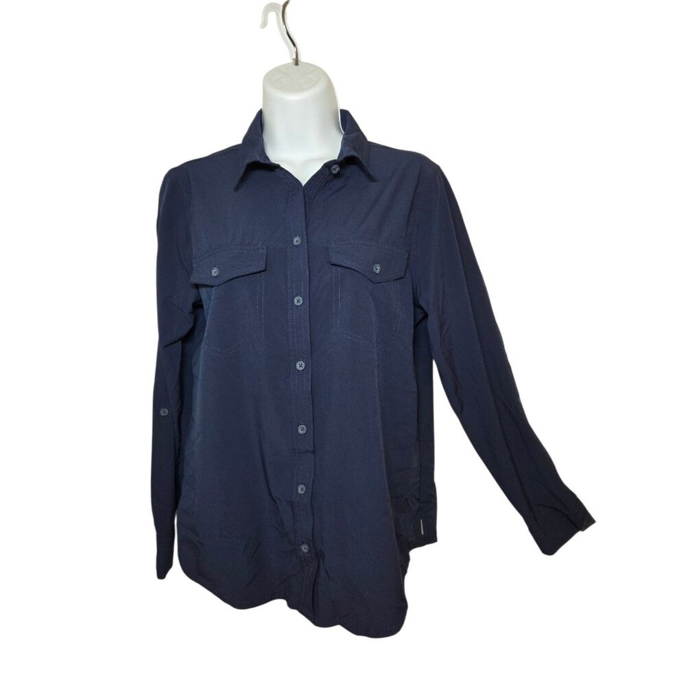 Eddie Bauer Classic Fit Long-Sleeve Roll Tab Button-Down Stretch Top S Navy Blue